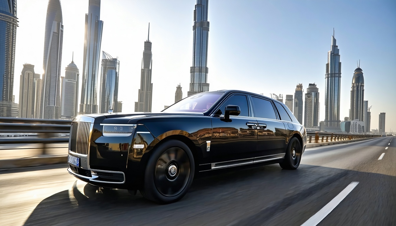 Luxury vehicle driving past Burj Khalifa in Dubai