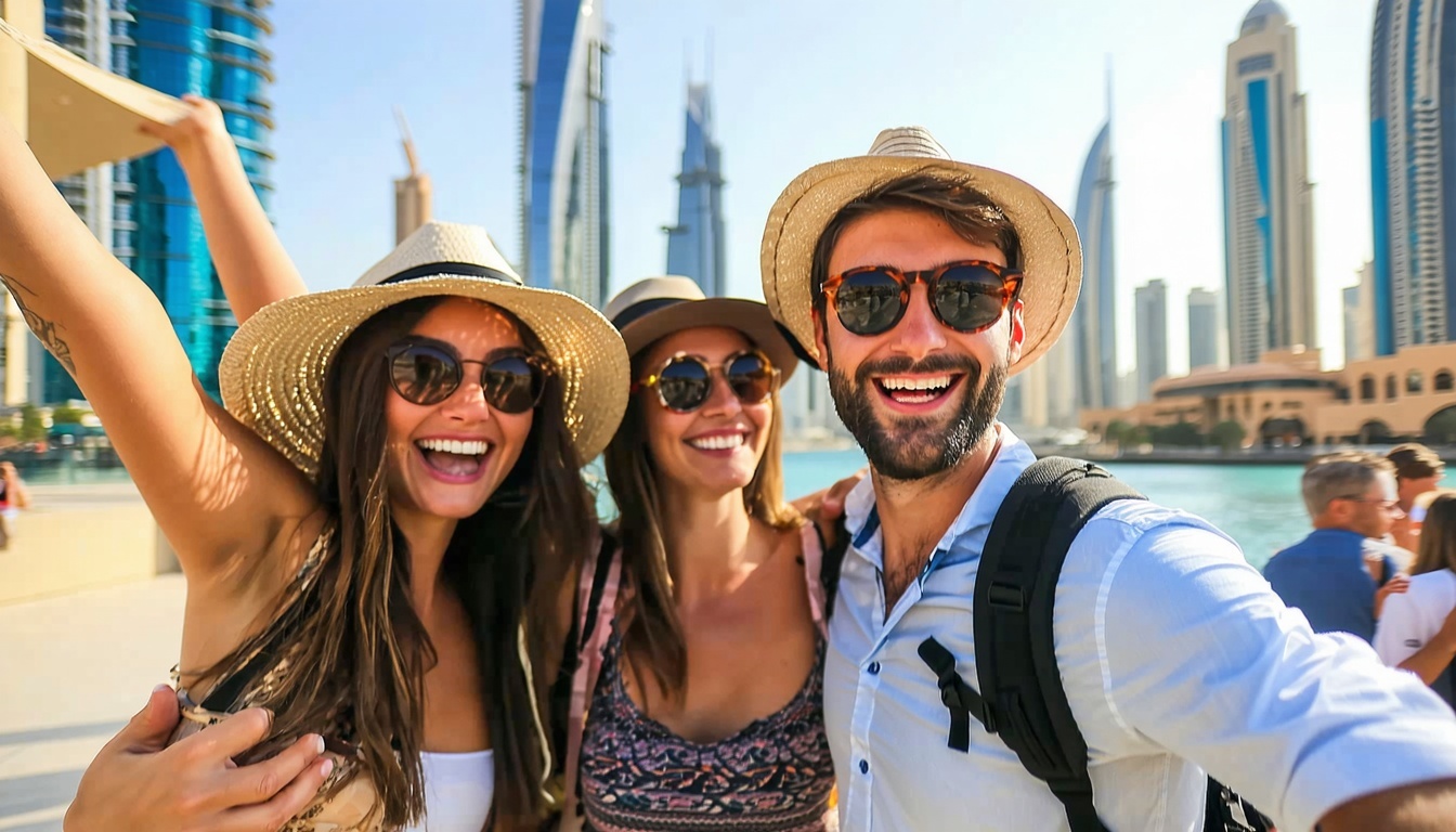 Happy travellers enjoying a guided city tour in Dubai