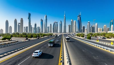 Dubai skyline with toll roads and modern vehicles Dubai skyline with toll roads and modern vehicles